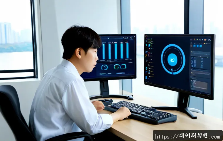 이촌동 STATUS_KERNEL_REGISTRY_ERROR - Photorealistic IT support workstation in an upscale Ichon-dong apartment office, dual monitors showi...