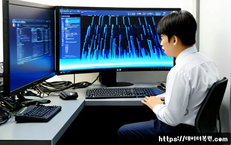 구로구 STATUS_KERNEL_DRIVER_CORRUPTION - Photorealistic IT support workstation in Guro District, Seoul, dual monitors showing a blank blue sy...