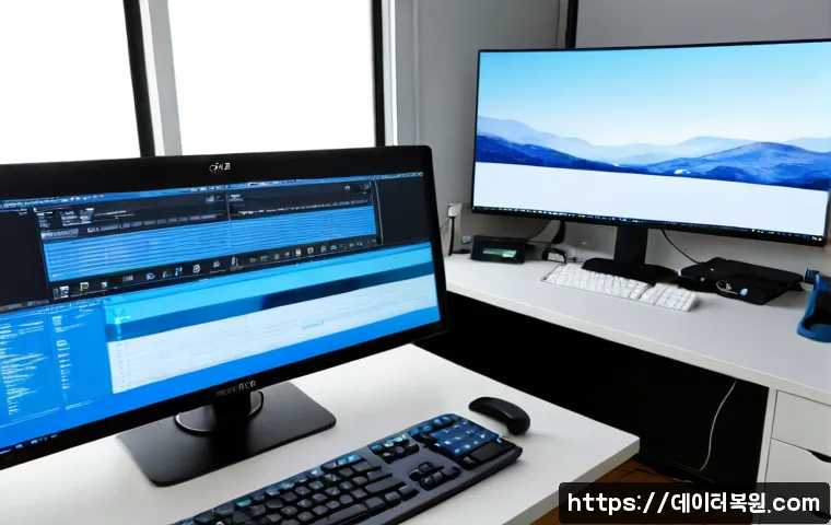 논현동 STATUS_KERNEL_EXECUTION_ERROR - Photorealistic premium workstation in a Nonhyeon-dong interior design studio, dual monitors showing ...