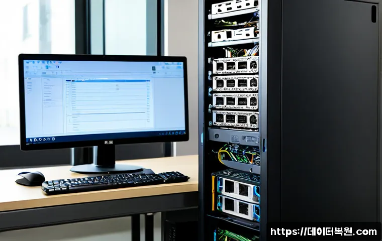장사동 파일서버출장방문수리점 - Photorealistic IT technician repairing a compact office file server beside a modern workstation, ope...