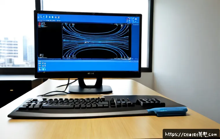 장지동 DPC_WATCHDOG_VIOLATION - Photorealistic IT support workstation in a modern Jangji-dong office, ultrawide monitor showing a bl...