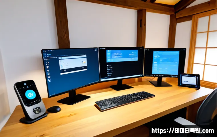 가회동 SESSION3_INITIALIZATION_FAILED - Photorealistic remote-support workstation in a quiet Gahoe-dong hanok-inspired home office, dual mon...