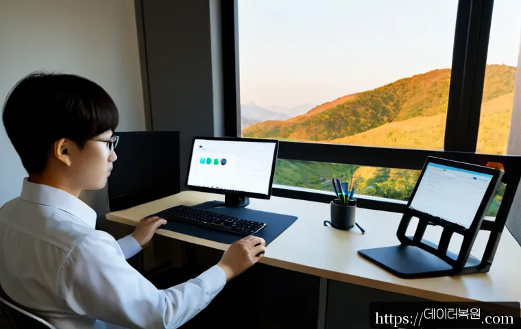 교북동 STATUS_STACK_UNDERFLOW - Photorealistic remote-support workstation in a compact Korean office near a low hillside neighborhoo...