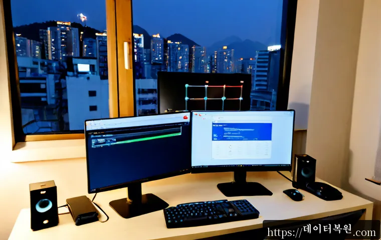 화양동 STATUS_CONNECTION_REFUSED - Photorealistic remote-support workstation in a compact Hwayang-dong apartment office, dual monitors ...
