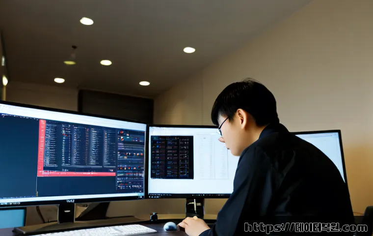 충정로 VENDOR_DEFINED_ERROR - Photorealistic IT support workstation in a compact Chungjeong-ro office, dual monitors showing a bla...