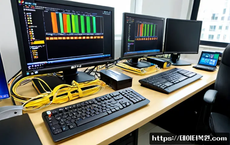신도동 STATUS_MEMORY_OVERFLOW - Photorealistic IT support workstation in a compact Sindong-dong office, dual monitors showing a dens...