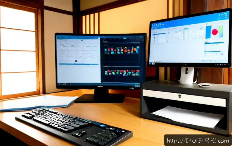 가회동 STATUS_KERNEL_REGISTRY_ERROR - Photorealistic remote IT support workstation inside a refined Gahoe-dong hanok-inspired office, dual...