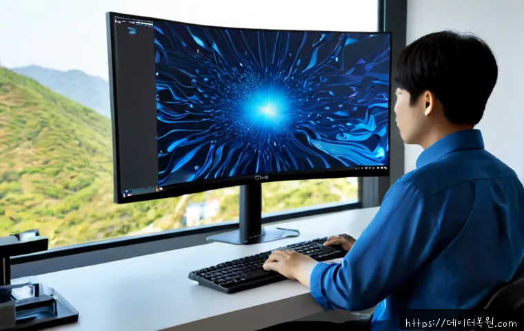 이태원 SYSTEM_SERVICE_EXCEPTION - Photorealistic IT support workstation in a modern office near Itaewon, dual monitors showing abstrac...