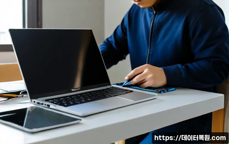 행신동 노트북 laptop 출장방문수리점 - Photorealistic in-home laptop repair visit in a compact modern apartment near Haengsin-dong, skilled...