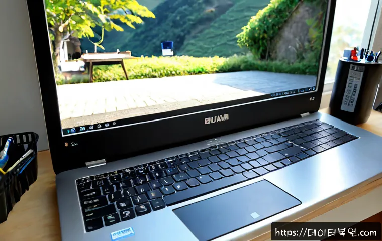 부암동 맥북에어 판매 및 수리 - Photorealistic boutique computer repair workspace in Buam-dong, an ultrathin silver laptop opened on...
