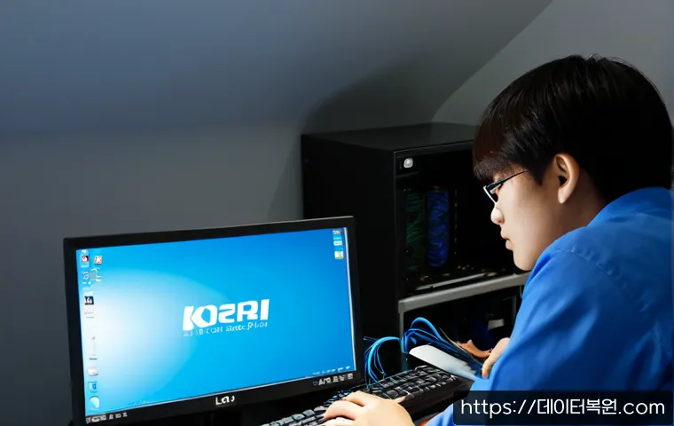 현저동 KERNEL_SECURITY_CHECK_FAILURE - Photorealistic IT support workstation in a compact hillside neighborhood office, desktop monitor sho...