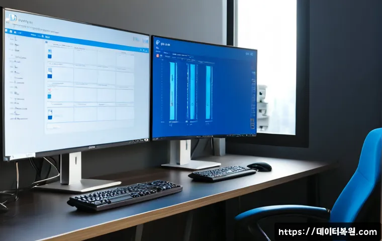 종로구 PAGE_FAULT_IN_NONPAGED_AREA - Photorealistic IT support workstation in a modern Gwanghwamun office, dual monitors showing a blank ...