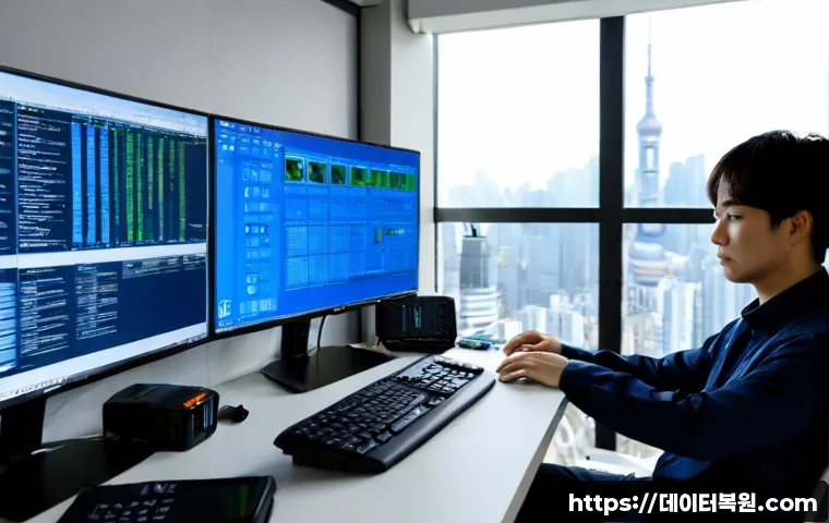 대자동 STATUS_KERNEL_LOG_FAILURE - Photorealistic IT support workstation in a Daechi-dong high-rise office, dual monitors showing an ab...