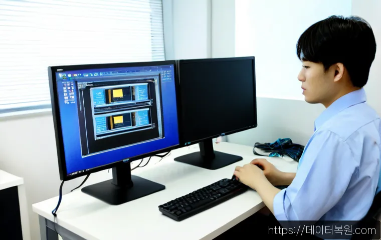 관수동 SYSTEM_THREAD_EXCEPTION_NOT_HANDLED - Photorealistic IT support workstation in a compact Gwan-su-dong office, dual monitors showing a blan...