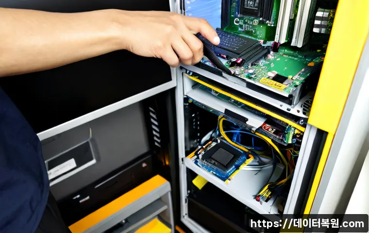 우면동 VGA조립 및 교체수리 - Photorealistic computer repair workstation in Umyeon-dong, Seoul, technician carefully installing a ...