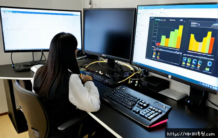 사당동 DRIVER_IRQL_NOT_LESS_OR_EQUAL - Photorealistic IT support workstation in a compact Sadang-dong office, dual monitors showing abstrac...