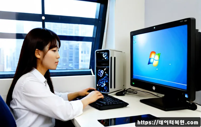 명동 윈도우8 windows8 재설치 포맷  초기화 - Photorealistic computer repair workstation in a compact Myeongdong office, technician reinstalling a...