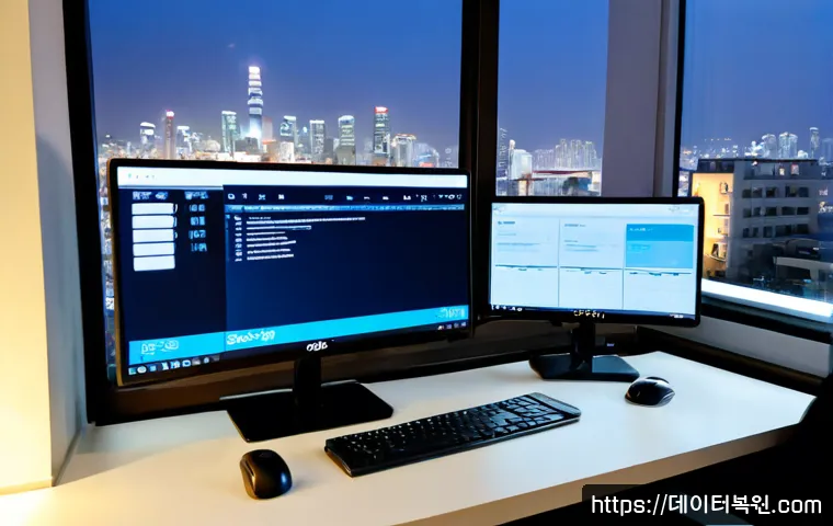 서교동 MULTIPLE_IRP_COMPLETE_REQUESTS - Photorealistic remote-support workstation in a Seogyo-dong creative office, dual monitors showing a ...