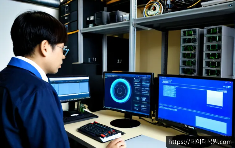 문래동 STATUS_STACK_BUFFER_OVERRUN - Photorealistic IT support workstation inside a converted industrial studio, a focused technician rev...