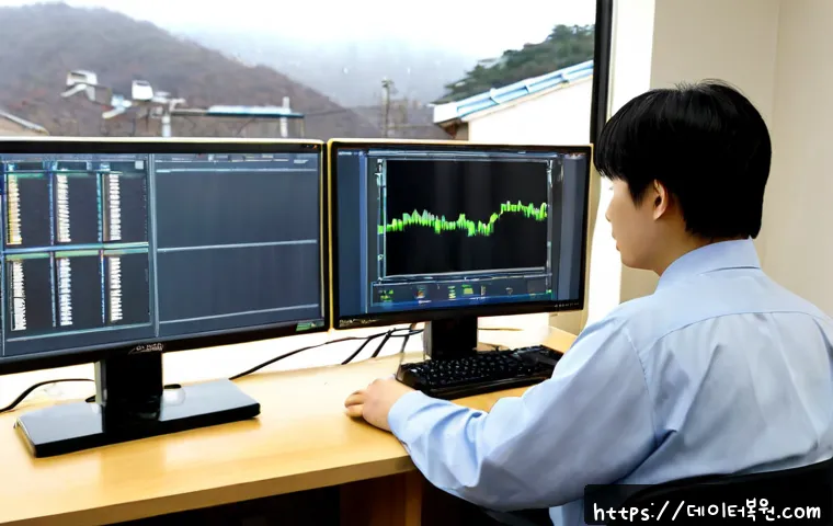 갈현동 STATUS_PROTECTION_ERROR - Photorealistic remote-support workstation in a compact hillside neighborhood office, dual monitors s...