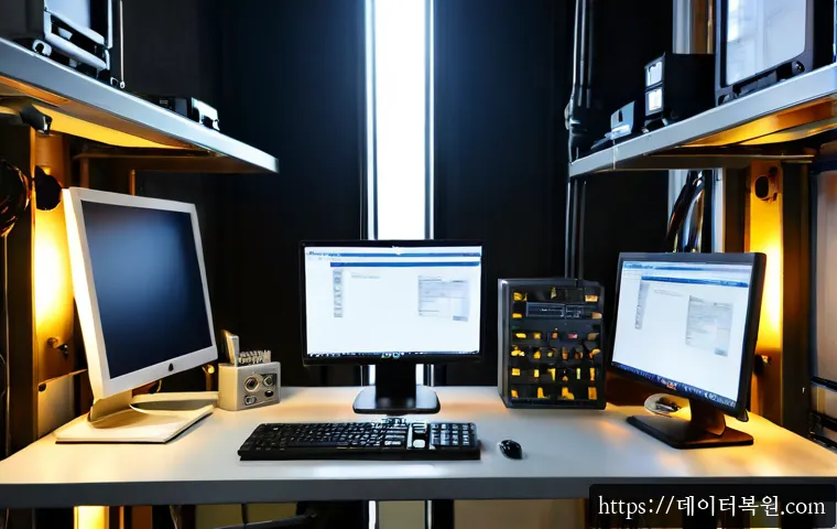 문래동 STATUS_FILE_LOCK_CONFLICT - Photorealistic industrial design workstation in a converted metal workshop, dual monitors showing a ...