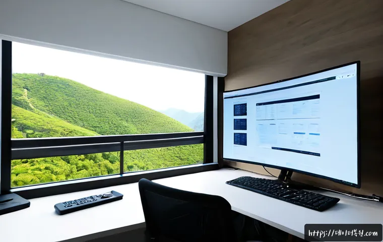 한남동 컴퓨터멈춤 - Photorealistic modern design workstation in a stylish hillside apartment, dual monitors frozen on a ...