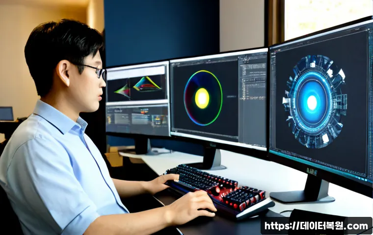 청룡동 VIDEO_TDR_FAILURE - Photorealistic IT technician diagnosing a dual-monitor workstation after a sudden graphics crash, da...