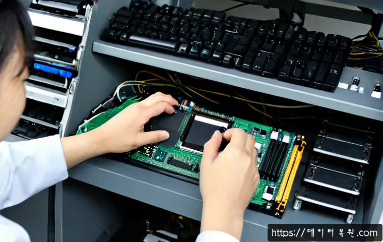 남창동 RAM조립 및 교체수리 - Photorealistic computer repair bench in a compact Namchang-dong electronics workshop, technician car...