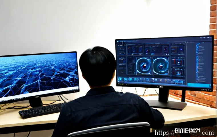 성동구 STATUS_KERNEL_THREAD_INTERRUPTED - Photorealistic remote IT support workstation in Seongdong, Seoul, dual monitors showing a frozen abs...