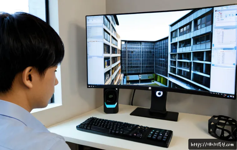 연건동 THREAD_STUCK_IN_DEVICE_DRIVER - Photorealistic PC remote-support scene in a compact Yeongeon-dong architecture studio, dual-monitor ...