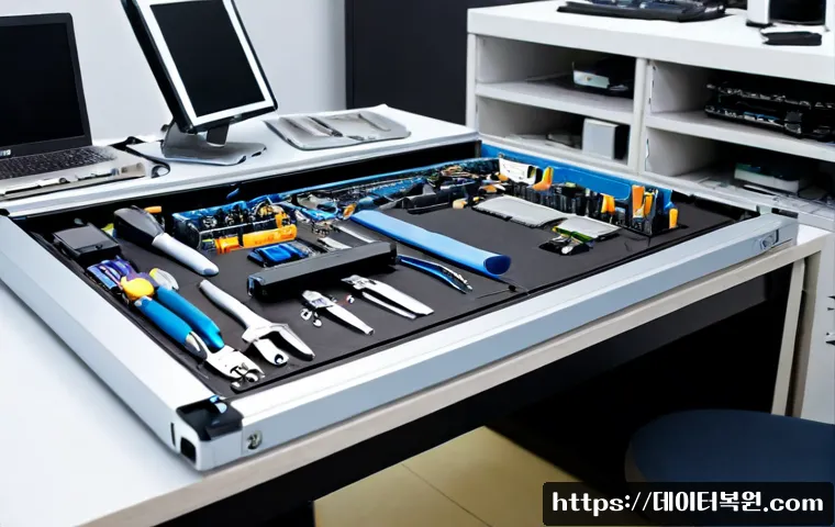 신설동 아이맥 판매 및 수리 - Photorealistic computer repair workshop in Sinseol-dong, a sleek silver all-in-one desktop carefully...