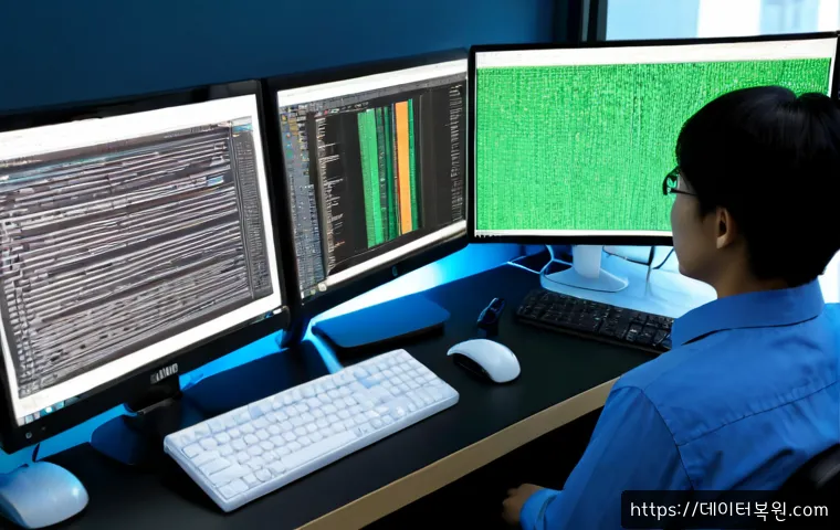 지영동 STATUS_FLOAT_UNDERFLOW - Photorealistic software engineer workstation in a compact Korean office district, dual monitors show...