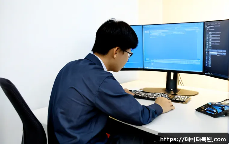중부면 KERNEL_SECURITY_CHECK_FAILURE - Photorealistic IT support workstation in a quiet central Korean suburban office, dual monitors showi...