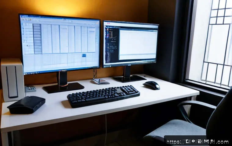 관훈동 부팅불가 - Photorealistic computer repair workstation in a compact Jongno-area office, desktop tower opened bes...