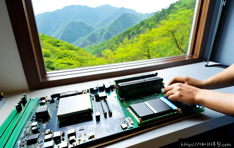 우면동 cpu조립 및 교체수리 - Photorealistic computer repair workshop in Umyeon-dong, technician carefully installing a new CPU in...