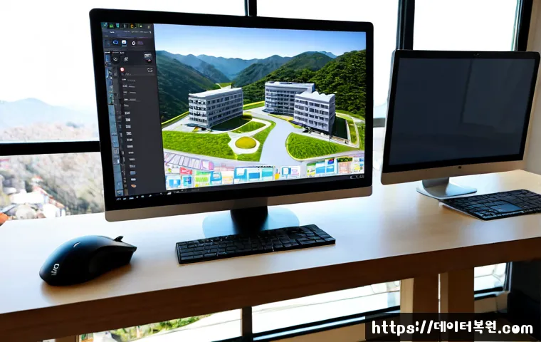 천연동 STATUS_PRIVILEGED_INSTRUCTION - Photorealistic architectural workstation in a quiet hillside neighborhood apartment, dual monitors d...