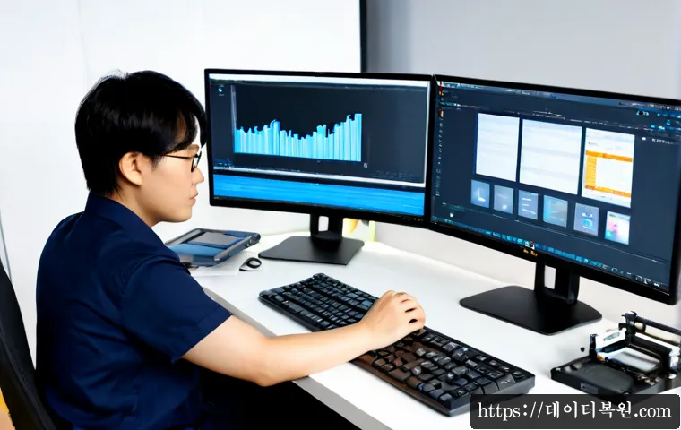 충무로 POOL_HEADER_CORRUPTION - Photorealistic remote-support workstation in a compact Chungmuro print-design studio, dual monitors ...