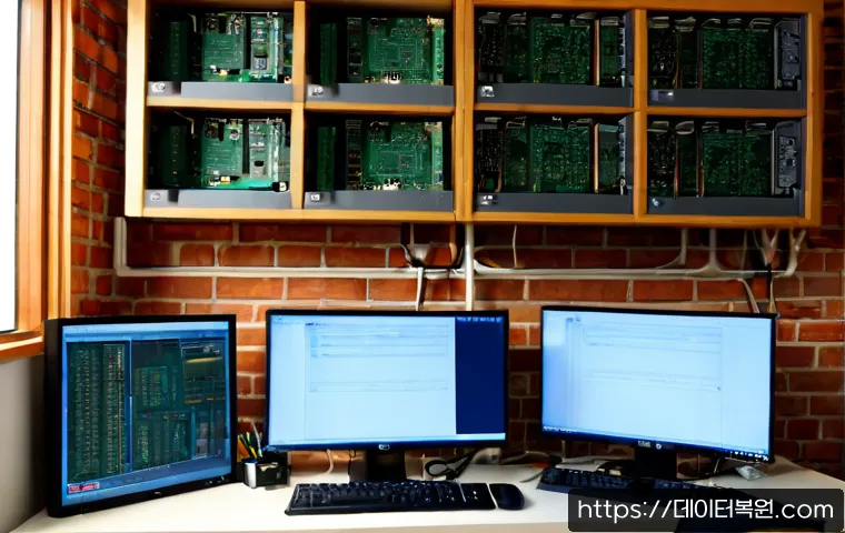 합정동 STATUS_KERNEL_MODULE_NOT_FOUND - Photorealistic IT support workstation in a compact Hapjeong neighborhood studio office, dual monitor...