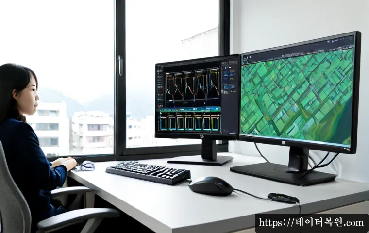사리현동 STATUS_KERNEL_STACK_CORRUPTION - Photorealistic IT support workstation in a compact Korean suburban office, dual monitors showing abs...