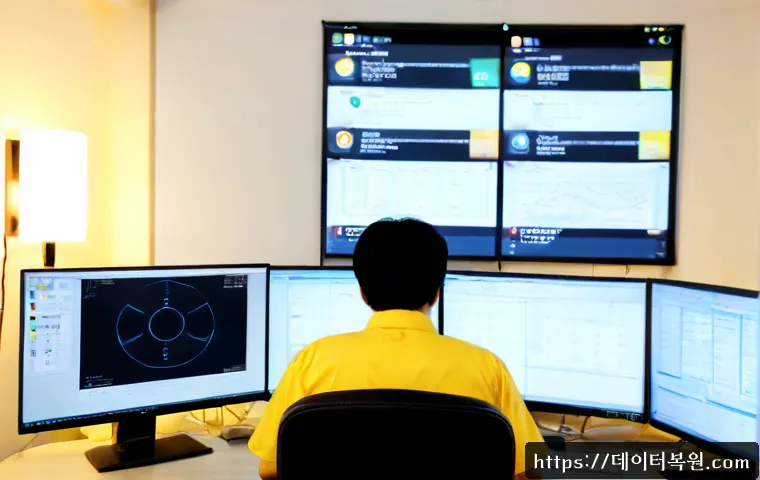 동화동 STATUS_PROTECTION_ERROR - Photorealistic IT support workstation in a compact Donghwa-dong apartment office, dual monitors show...