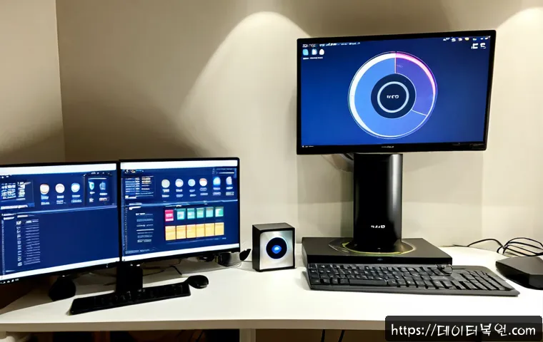 도곡동 해놀로지 xpenology 구축 - Photorealistic home-office workstation in Dogok-dong, compact NAS server with neatly routed Ethernet...