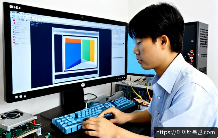 예지동 INTERNAL_POWER_ERROR - Photorealistic PC repair workstation in a compact Yeji-dong electronics workshop, open desktop tower...