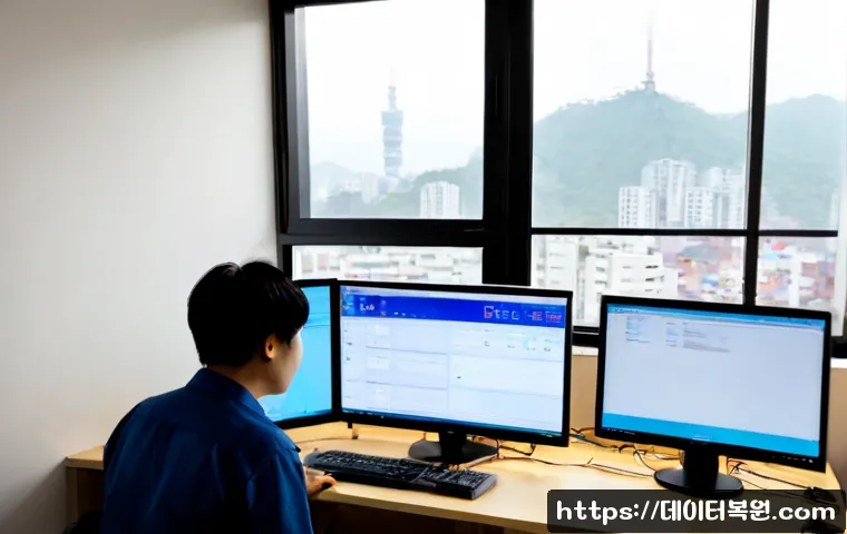 서원동 WATCHDOG_VIOLATION - Photorealistic software support workstation in a compact Seowon-dong apartment office, dual monitors...
