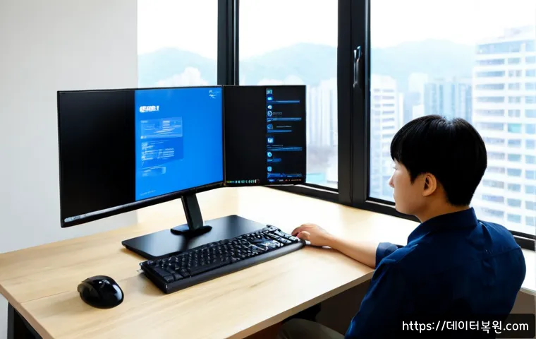 목동 BAD_SYSTEM_CONFIG_INFO - Photorealistic remote-support workstation in Mokdong, Seoul, with a desktop monitor showing a solid ...