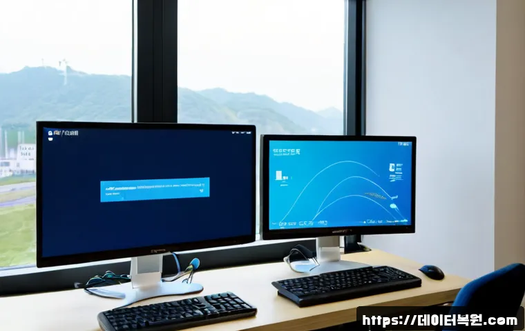 오륜동 SYSTEM_THREAD_EXCEPTION_NOT_HANDLED - Photorealistic IT support workstation in a quiet apartment office near an Olympic park landscape, du...