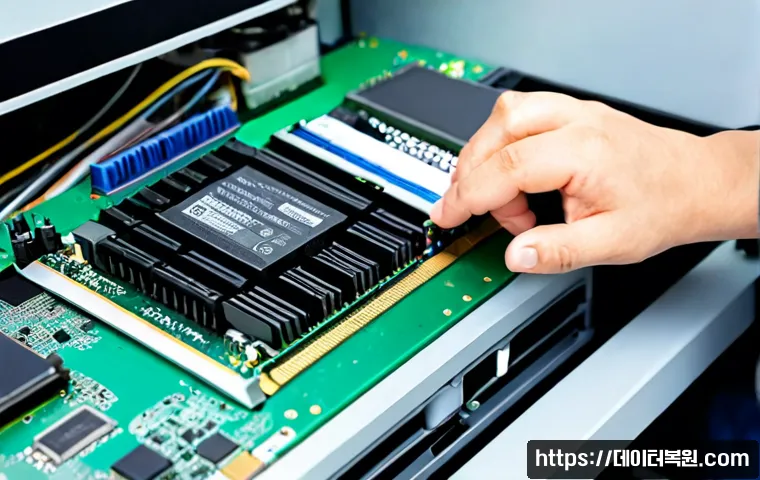탄현동 RAM조립 및 교체수리 - Photorealistic close-up of a skilled computer technician installing two new RAM modules into a deskt...