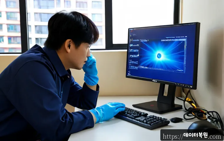 하안동 KERNEL_DATA_INPAGE_ERROR - Photorealistic IT support workstation in a compact Ha-an-dong apartment office, desktop computer dis...