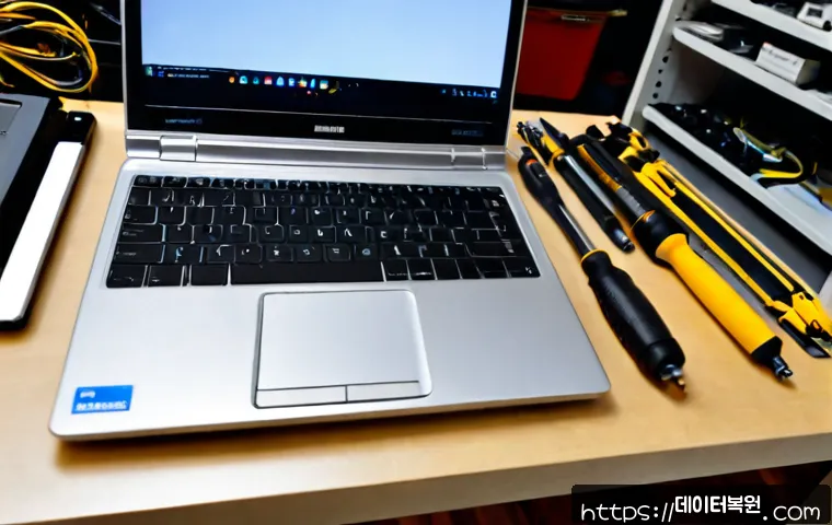 화동 맥북프로 판매 및 수리 - Photorealistic premium laptop repair workstation in a quiet Hwadong neighborhood electronics studio,...