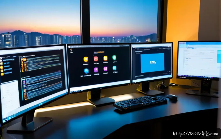 화양동 STATUS_CONTROL_C_EXIT - Photorealistic IT support workstation in a compact Hwayang-dong apartment office, dual monitors show...