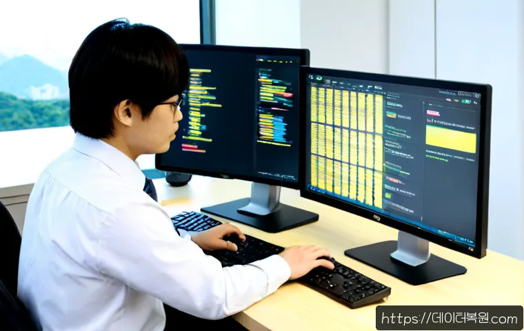 서초구 STATUS_FILE_CORRUPTION - Photorealistic IT support workstation in Seocho, Seoul, dual monitors showing a corrupted project fi...